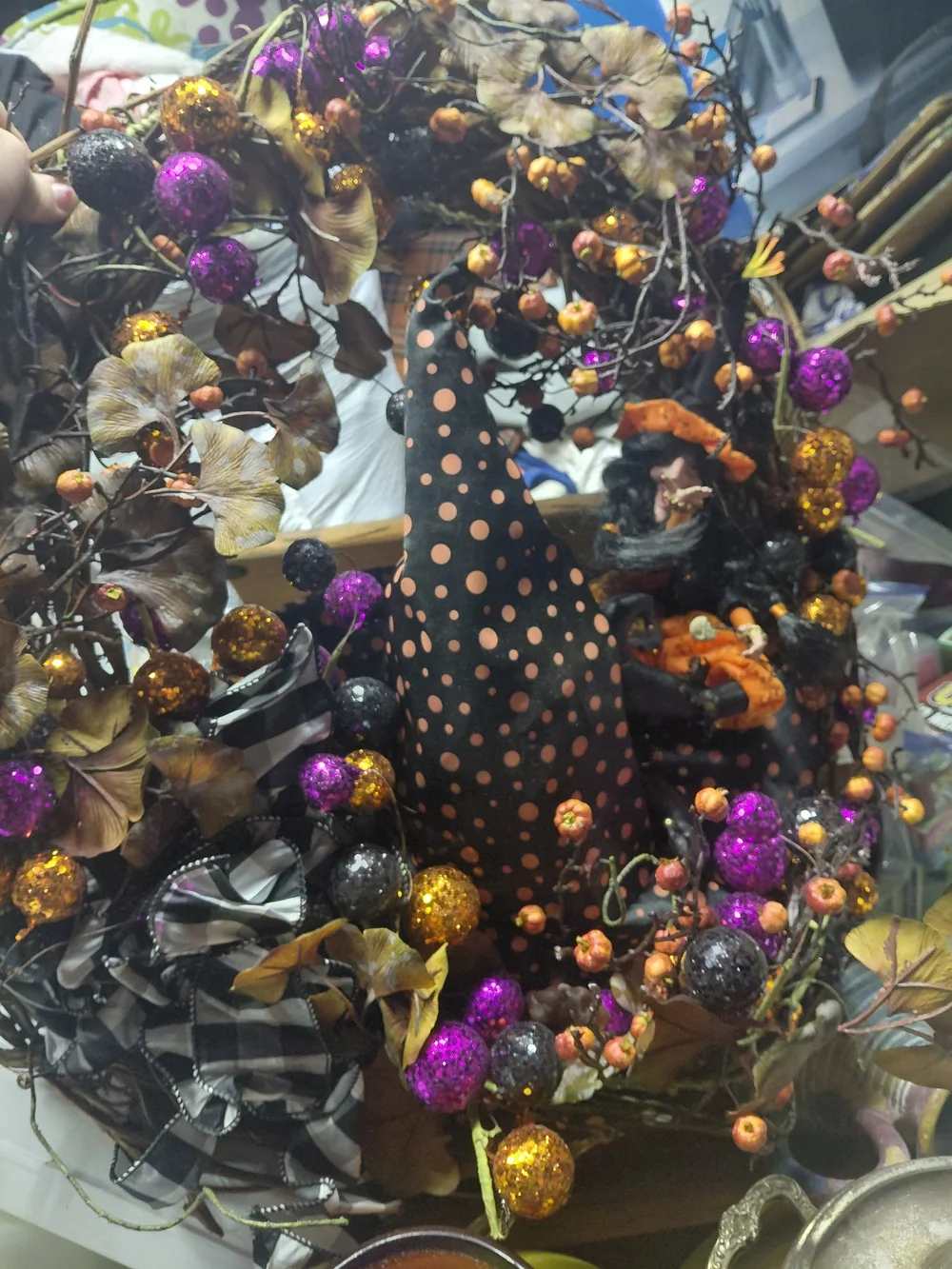 handcrafted witch hat Halloween wreath adorned with Casting A Spell Skull
